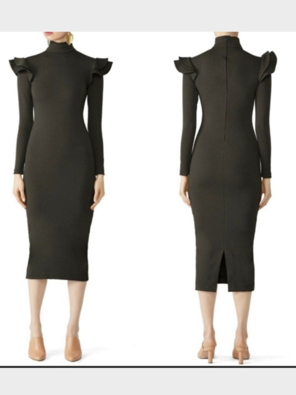 Hunter Bell Katelyn Knit Dress Brown Mock Neck Ruffle Shoulder Midi Dress Size S